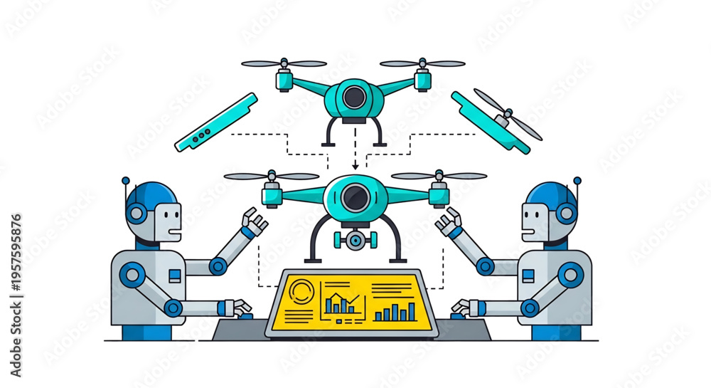 Naklejka premium Multiple drones flying together controlled by a central robot system.