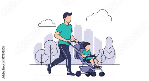 Father pushing child in a stroller in a city park illustration