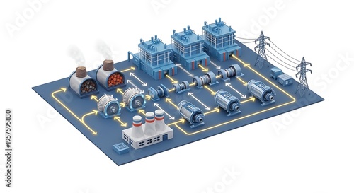 Isometric Illustration of a Modern Power Plant Generating Electricity for Distribution.