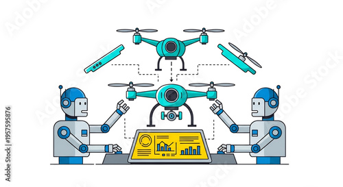 Multiple drones flying together controlled by a central robot system.