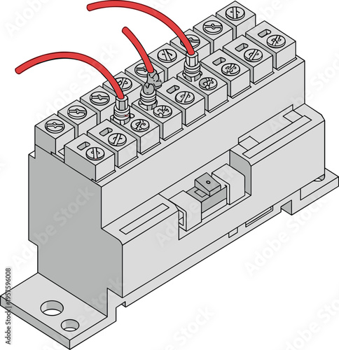 Vector illustration of electrical terminal block with screw terminals, connected red wires, and DIN rail mounting for industrial wiring systems.