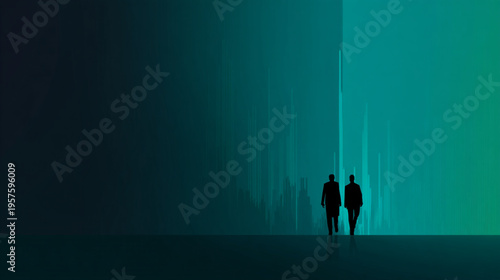 Two people walking in dark space.