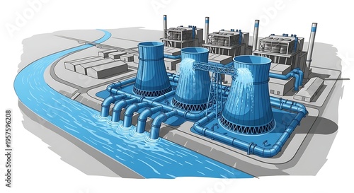 Illustration of a Nuclear Power Plant with Cooling Towers and River.