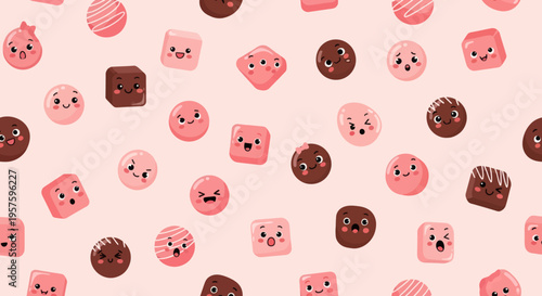 Adorable Cartoon Chocolate Bonbons and Truffles with Sweet Faces in a Playful Dessert Pattern Background