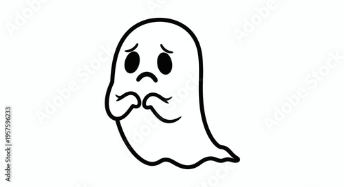 A sad ghost with its hands clasped in front of its chest, appearing worried or timid on a white background