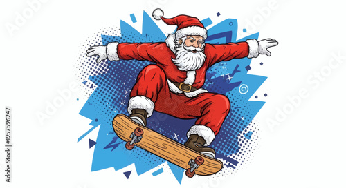 Jolly Santa Taking an Epic Ride on a Skateboard, Bringing a Contemporary Twist to Traditional Holiday Greetings