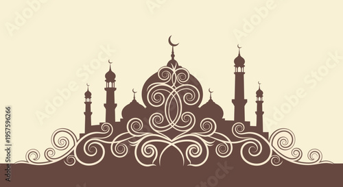 Elegant Islamic Mosque Silhouette Illustration with Ornate Swirls and Crescent Moon Design for Ramadan or Eid Celebrations