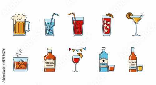 Vibrant collection of alcoholic beverages and assorted drink icons featuring cocktails, beers, and spirits, ideal for menus, apps, or party event graphics
