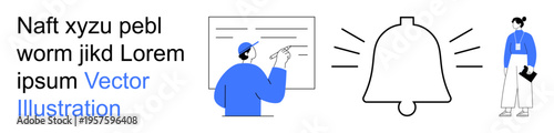 Education, notifications, professionalism, learning, online training, communication. A teacher writing on a board, a notification bell and a businesswoman. Education and notifications for modern