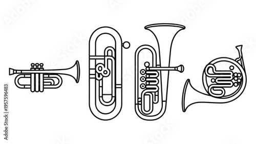 Four different types of brass musical instruments  trumpet tuba French horn euphonium