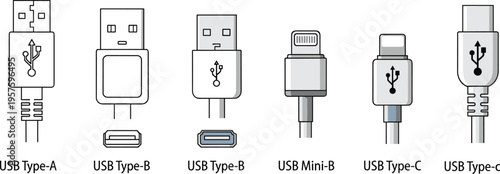 Vector illustration of six USB connectors including Type-A, Type-B, Mini-B, and Type-C designs for electronics and device compatibility.
