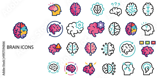 Brain simple concept 24 color icons set .Vector illustration.