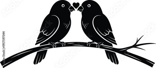 Two black lovebirds silhouettes sitting on a tree branch with a heart symbol between them isolated on white background for romantic designs