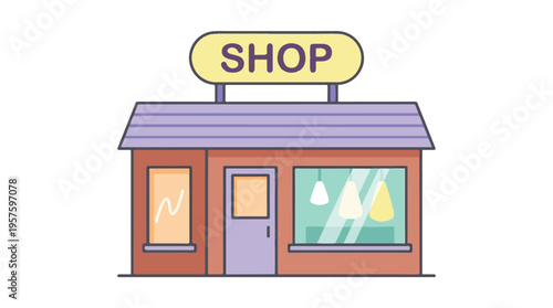 Cartoon shop building with 'SHOP' sign, door, and display windows