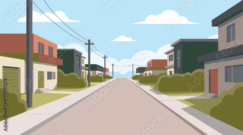 Quiet suburban street with modern houses and power lines under blue sky