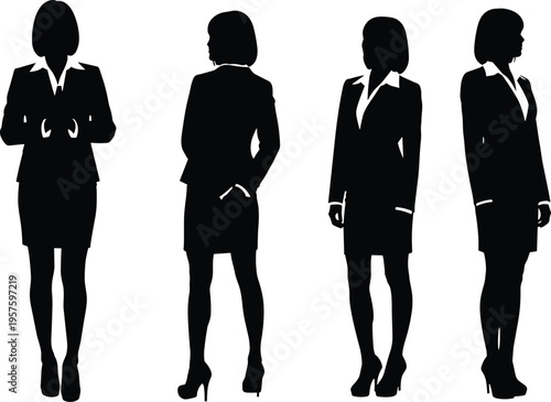 Business woman silhouettes, professional female corporate icons, successful lady manager poses, executive office employee collection, elegant secretary person design