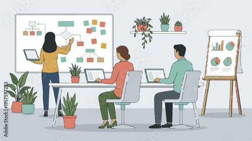 Business team collaborating on strategy with whiteboard presentation in office