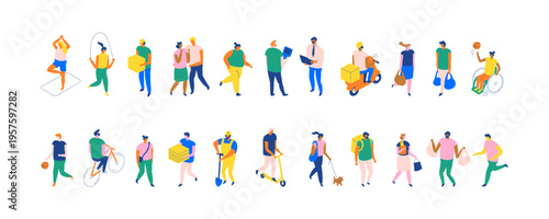 Isometric panoramic banner with colorful people in urban lifestyle activities, delivery, fitness, cycling, social interaction, modern city diversity illustration.