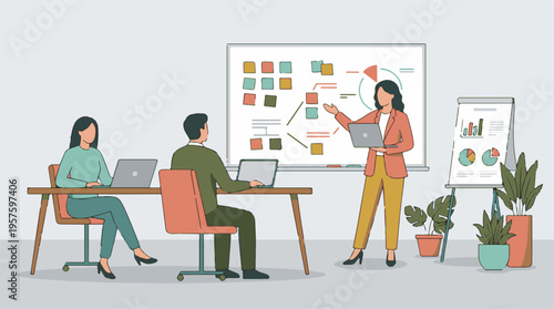 Business team collaborating in office meeting with presentation and charts