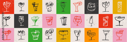 Alcoholic drinks and summer cocktails in doodle sketch charcoal style. Bar menu beverage elements for party invitations, club flyers and drink cards. Vector hand drawn glassware set.