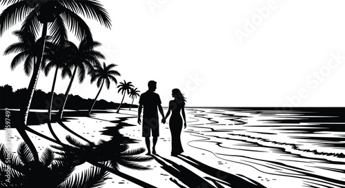 Romantic couple walking hand in hand on tropical beach silhouette with palm trees and ocean waves isolated on white background for summer vacation