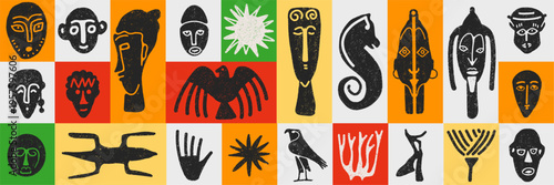 Ethnic faces and indigenous mask characters in doodle sketch charcoal style. Traditional folklore elements for cultural identity prints and decorative pattern design. Vector folk art set.