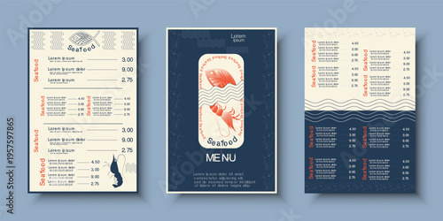 Seafood restaurant menu template with fish shrimp illustration, nautical wave patterns, and minimalist layout. Vector ocean sea fish restaurant card background front and back sheet design