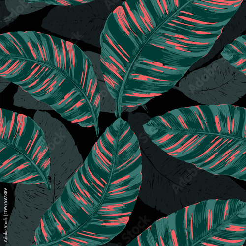 Seamless pattern Tropical with Vibrant Pink and Green Banana Leaves on Black Background, texture. Trendy swimwear design, ornament print, wrapping paper, greeting card