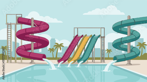 Colorful Water Park with Slides and Swimming Pool Illustration