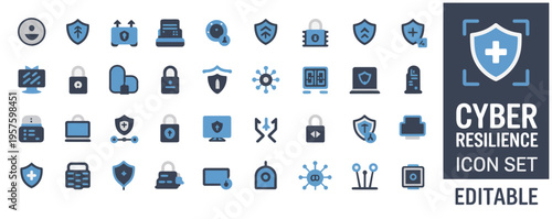 Comprehensive cyber resilience icon set illustrating data protection, network security, and digital integrity concepts.