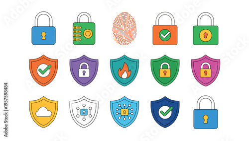 Colorful security icons with padlocks, shields, and fingerprint for data protection and digital authentication.