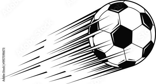 Soccer ball black and white illustration with dynamic speed lines showing fast motion and power for football sports competition and championship tournament designs