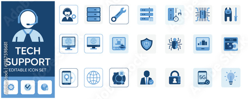 Modern flat icon set for technical support, IT services, and digital infrastructure, including customer assistance and data management.