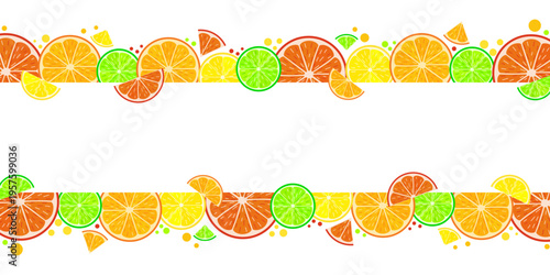 Decorative citrus slices frame with scattered orange, lemon, lime and grapefruit pieces. Vector illustration