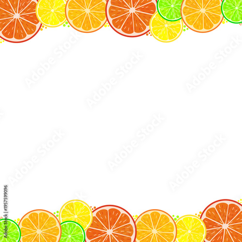 Mixed citrus fruit slices frame with orange, lemon, lime and grapefruit borders. Vector illustration