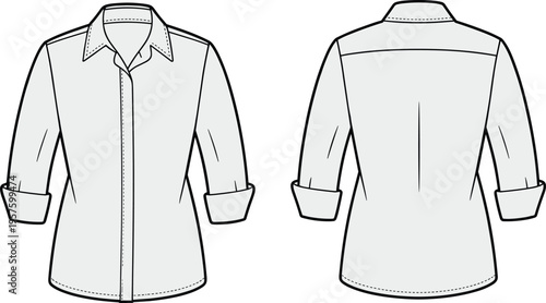 Flat fashion CAD illustration of women’s casual button-up shirt with collar, rolled sleeves, back yoke, and curved hem detail