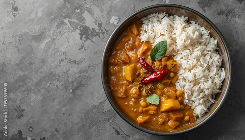 A bowl of curry with rice on a gray surface