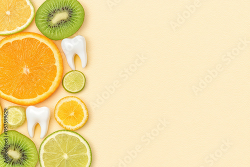 Citrus fruit slices and kiwi arranged on light background with white tooth models, symbolizing dental health and fresh natural care in bright, clean composition