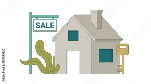 Real estate concept: house for sale with key and property sign