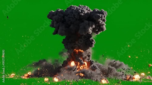 Massive explosion with debris and fireballs erupting on green screen background