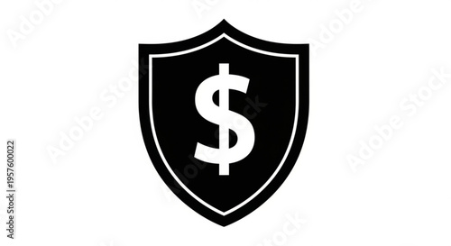 Black Shield with White Dollar Sign — Financial Protection and Secure Money Emblem for Banking, Insurance, and Investment