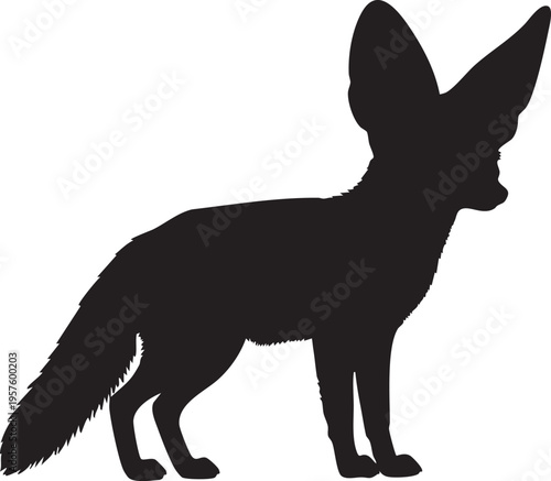 Black silhouette of a fennec fox standing on white background