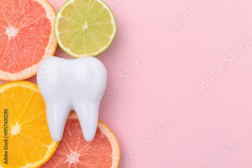 Healthy tooth model with fresh citrus fruit slices on pink background, symbolizing dental care and vitamin C benefits for strong teeth and gums. Bright and clean concept