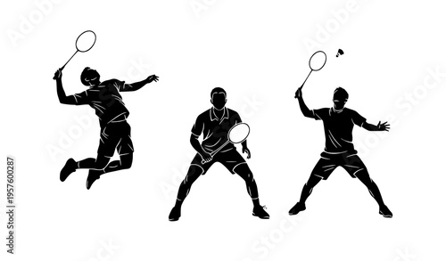 Badminton jump smash silhouette with dynamic perspective athlete vector illustration isolated on white