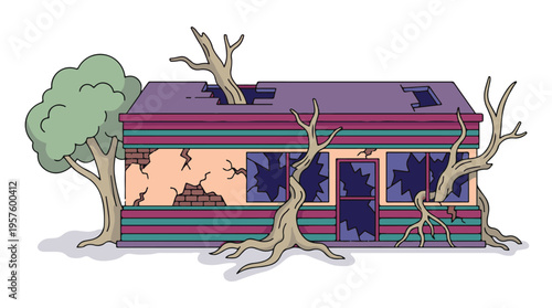 Illustration of a dilapidated abandoned house with trees growing through it