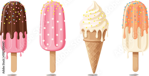 Summer ice cream vector set. Chocolate dipped popsicles and vanilla cone with colorful sprinkles. Sweet frozen desserts for birthday parties and cafe menus.