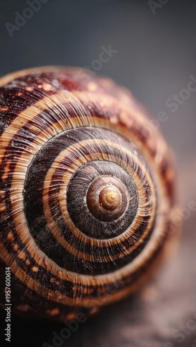 Close-Up of Spiral Snail Shell Showing Intricate Patterns and Natural Texture in Soft Lighting
