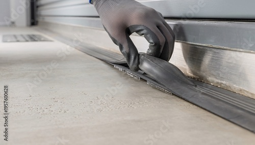 Hand in glove sealing garage door threshold.