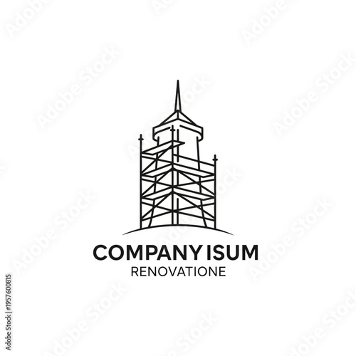 Modern house renovation logo with wrench and hammer tools, isolated white background.