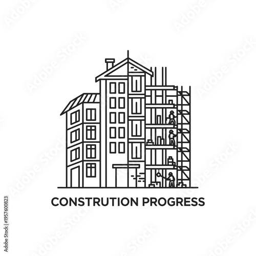 Modern house renovation logo with wrench and hammer tools, isolated white background.